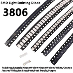 3806 SMD Side Illumination LED, contas de lâmpada de diodo emissor de luz, amarelo, azul, verde, branco, laranja, roxo, rosa, vermelho, 100pcs