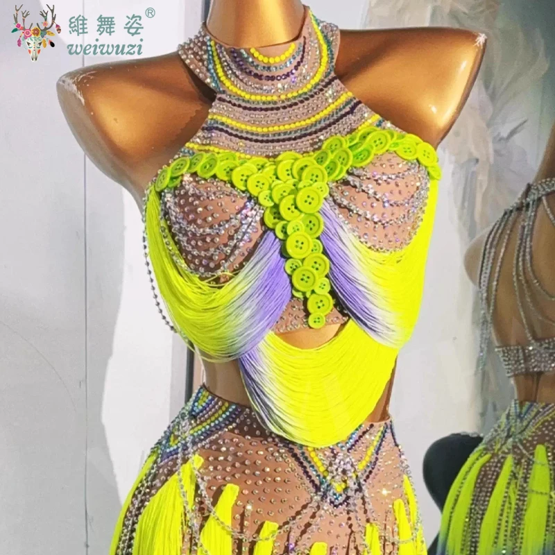 Latin Dance Dresses Customized Luxury Rhinestone Gradient Tassel Dress Adults and Children Tango Samba Rumba Competition Outfit
