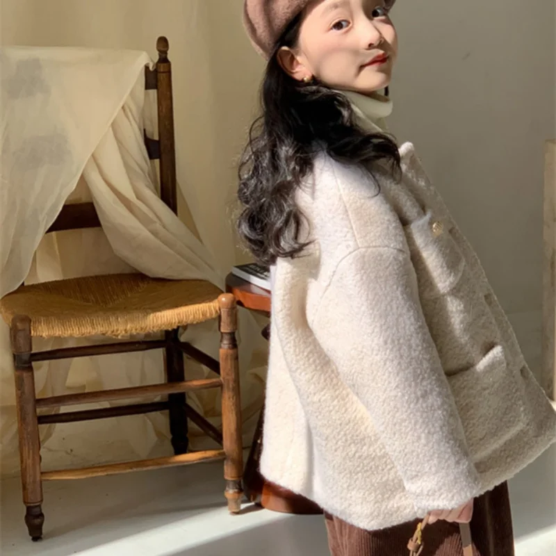 Abrigo de lana para niñas, chaqueta cortavientos Beige cálido más grueso, ropa de algodón para adolescentes y niños, otoño e invierno, 2024