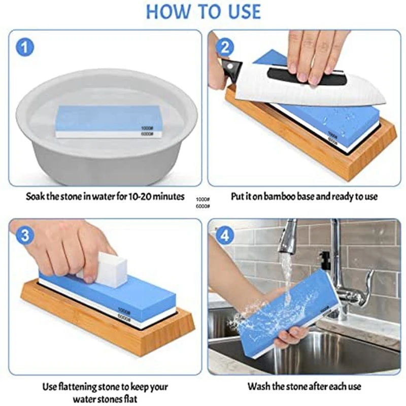 Sharpening Stone Whetstone Set 2 Side Grit 1000/6000, Knife Sharpening Stone With Bamboo Base,Flatting Stone,Angle Guide