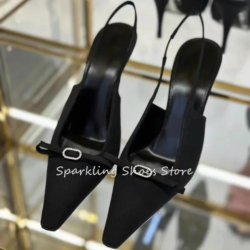 

Модные женские туфли-лодочки со стразами и узлом-бабочкой, черные атласные сандалии на высоком каблуке с квадратным носком, женские вечерние модельные туфли