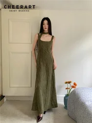 CHEERART Green Vintage Jacquard Backless Long Dress For Women Summer Square Neck A Line Sleeveless Midi Dress Elegant