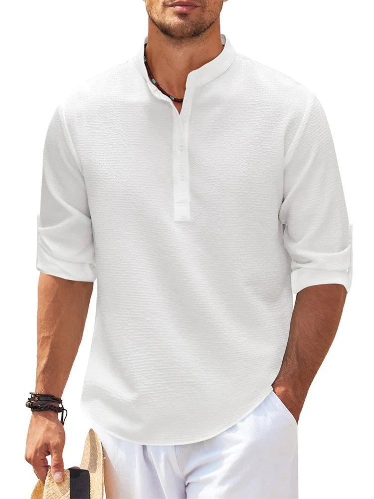 Chemise à col Henley en coton et lin pour hommes, pull monochrome, manches longues, t-shirt décontracté, automne, nouveau