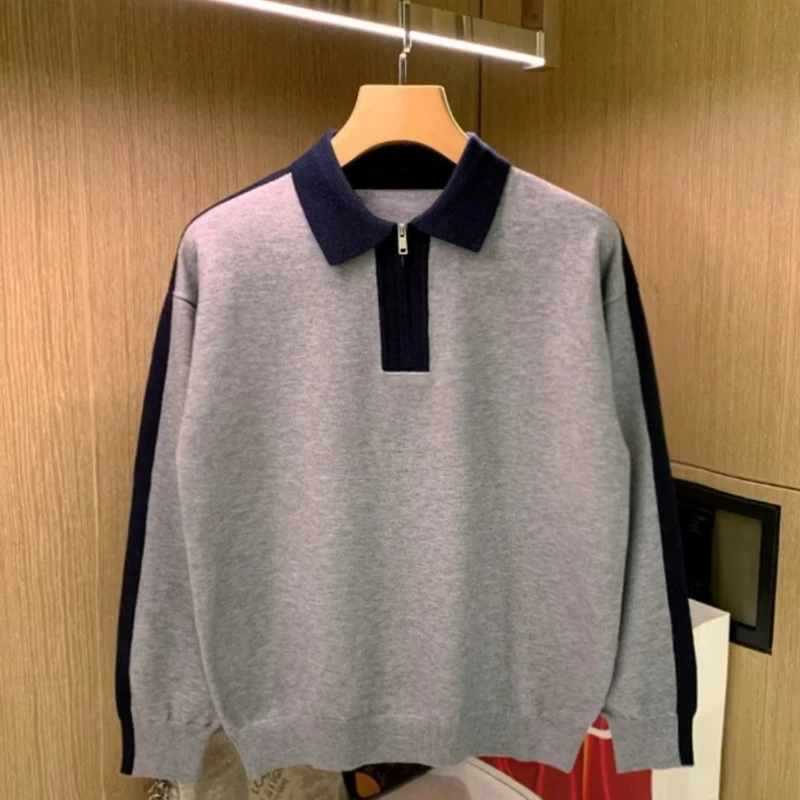

Autumn Winter New Fashion Long Sleeve Turn-down Collar Color Blocking Sweaters Men's Clothing Casual All-match Knitting Chic Top