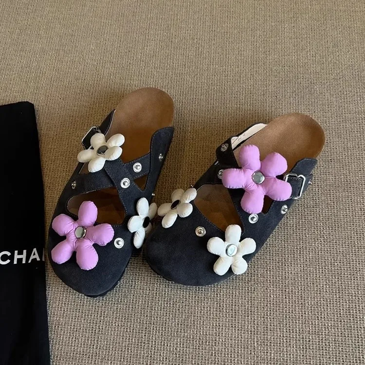 

Women's Leather Removable Flower Buckle Shoes Vintage Rivet Thick Bottom Baotou Slippers