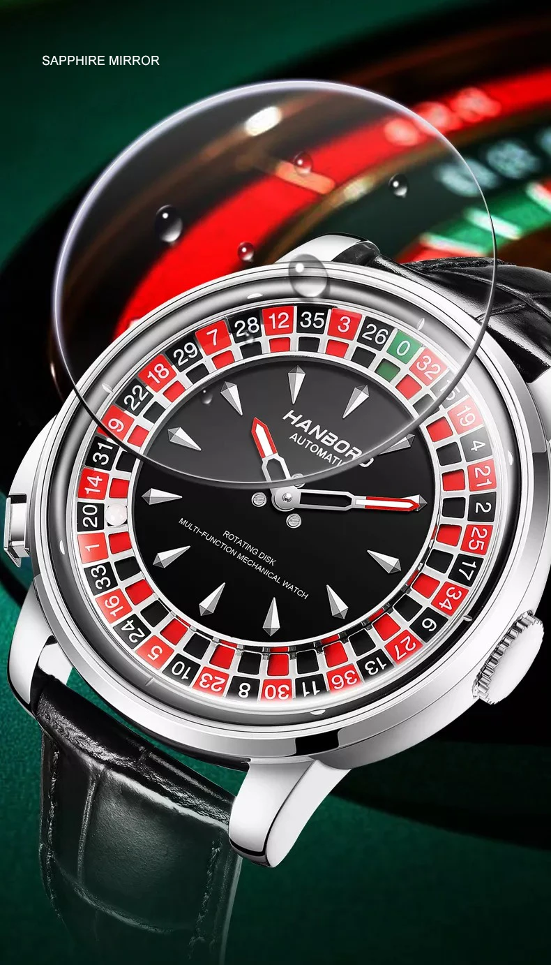 HANBORO Orologio automatico da uomo 46mm Orologio da polso meccanico di lusso Roulette Gioco Quadrante Vetro zaffiro Luminoso