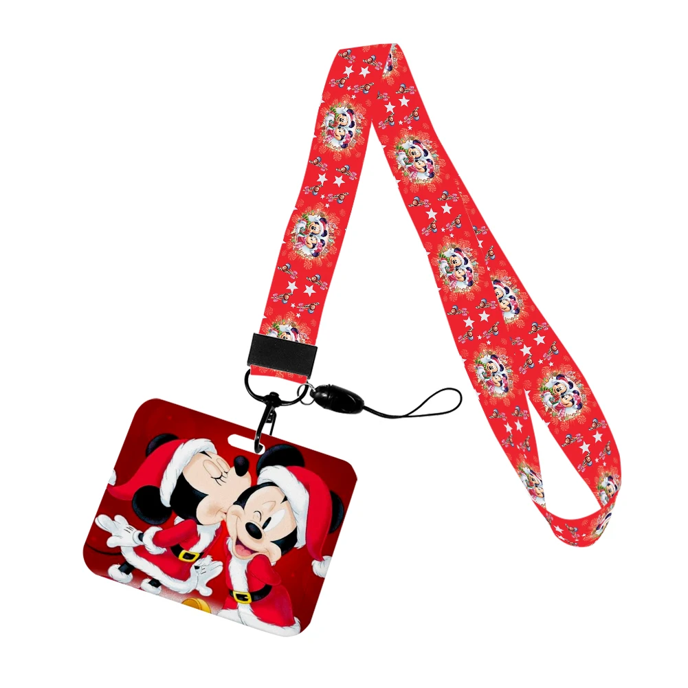 Diseño navideño de Mickey Mouse de Disney, soporte para insignia de dibujos animados, tarjeta de identificación, tarjetero de autobús, cordón para accesorios, regalos de navidad