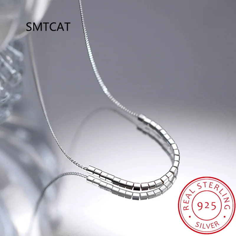 925 Sterling Silver Slide Block Sparkling Necklace Basic Chain Link Simple Fine Jewelry For Women Valentine\'s Day Gift