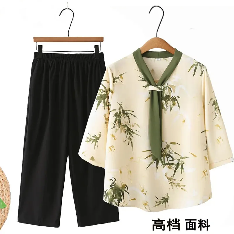 Middle Age Mom Chiffon Shirt Pant Set Summer Short Sleeved T-shirt Two Piece Set Female Thin Style Stripe Leisure Blouse Jacket