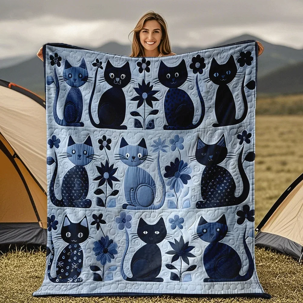 VIKAMA Niedliche Blaue Katzen-Blumen-Patchwork-Flanelldecke für Camping, Reisen, Sofa, Bett, Warm, Komfortabel, Dekorativ