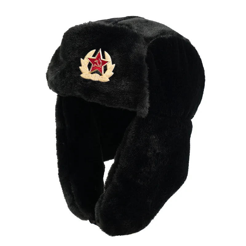 قبعة Lei Feng دافئة من القطيفة بلون سادة مع آذان القمح الذهبية وشارة النجمة الحمراء قبعة شتوية عصرية رائعة