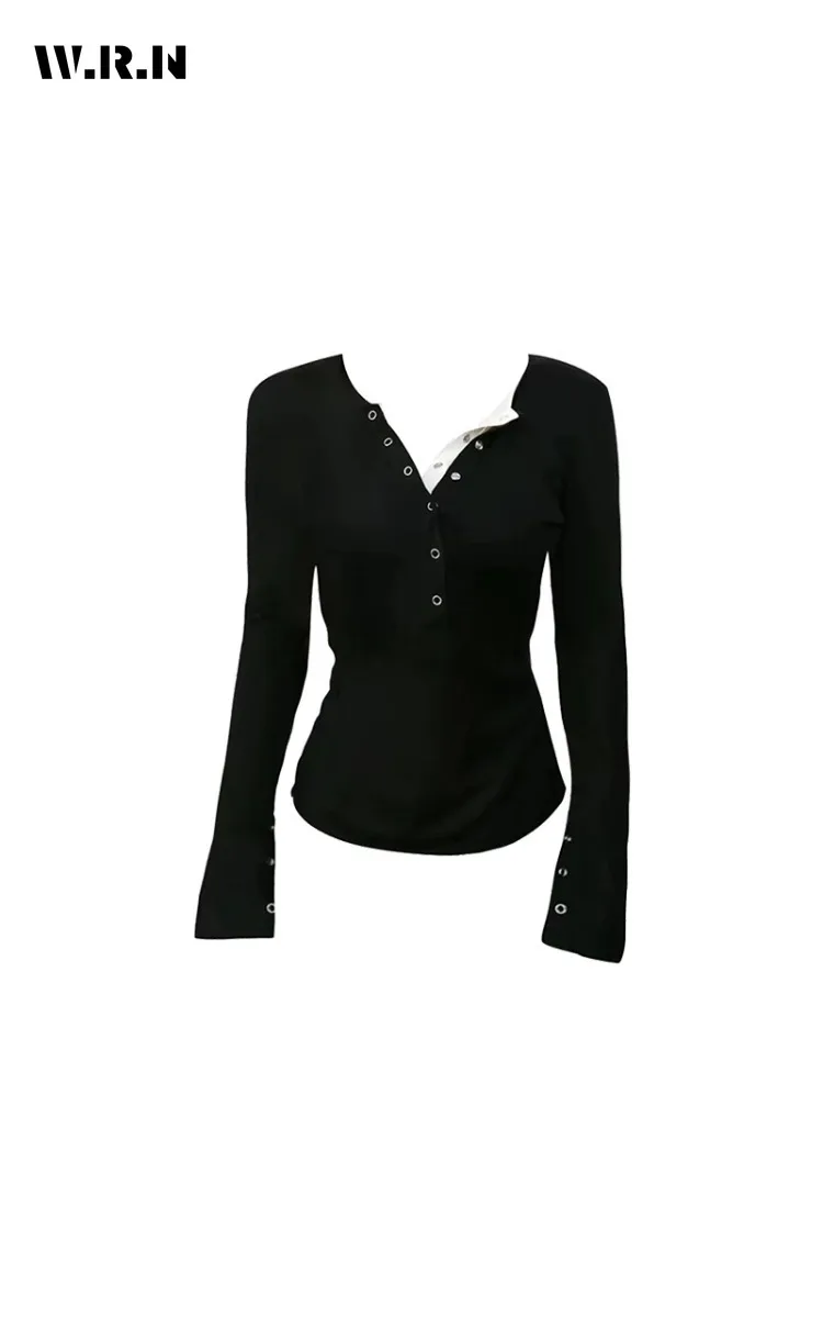 

Casual Single Breasted Solid Color Long Sleeve Round Neck T-Shirts 2025 Autumn Women's Fashion Style Sheath Black Tees Tops