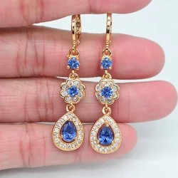 Gold Color Women Blue Cubic Zirconia CZ Water Drop Wedding Earrings Jewelry