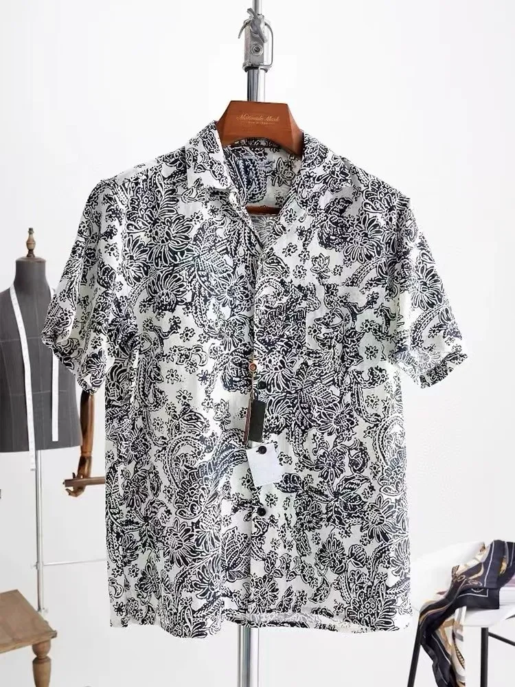 Summer men's 100% linen fashionable casual classic floral pattern short sleeved shirt