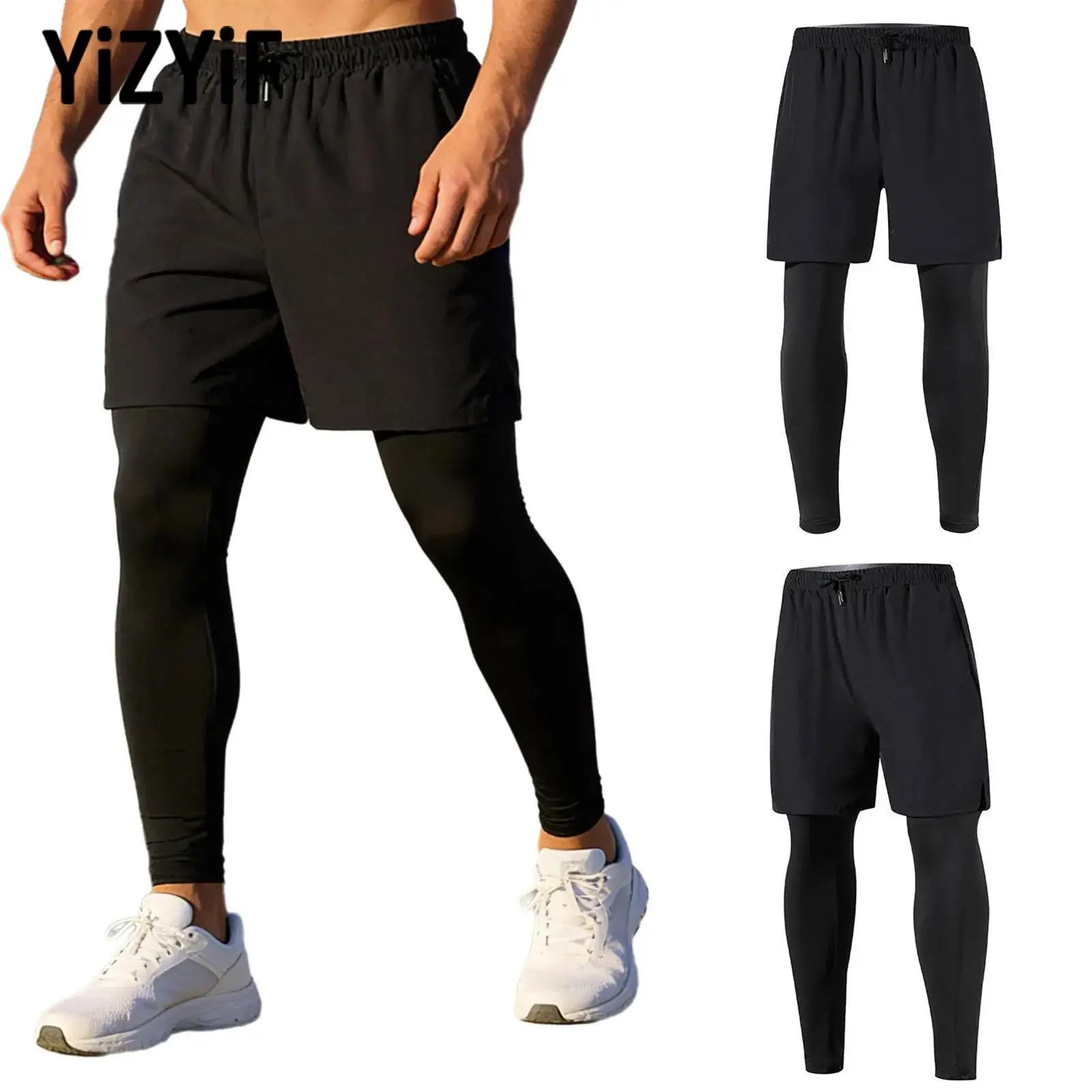 

Men 2 in 1 Sport Basketball Football Casual Pants Running Gym Workout Training Athletic Leggings with Stretchy Side Split Shorts