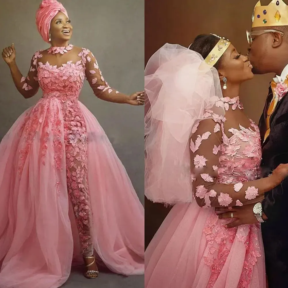 

Pink Nigerian African Wedding Dresses Jumpsuit With Detachable Train Plus Size Sheer Jewel Neck 3D Floral Lace Tulle Bride Gowns