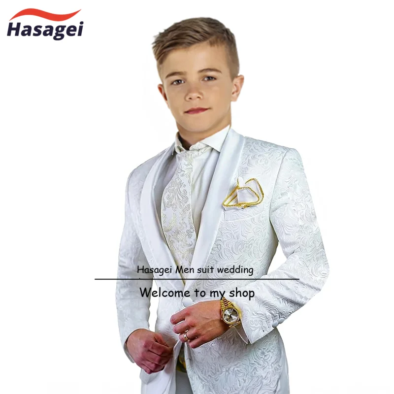 Traje de 2 piezas para niños, chaqueta estampada, pantalones, diseño de cuello de fruta verde, esmoquin de boda, ropa de escenario