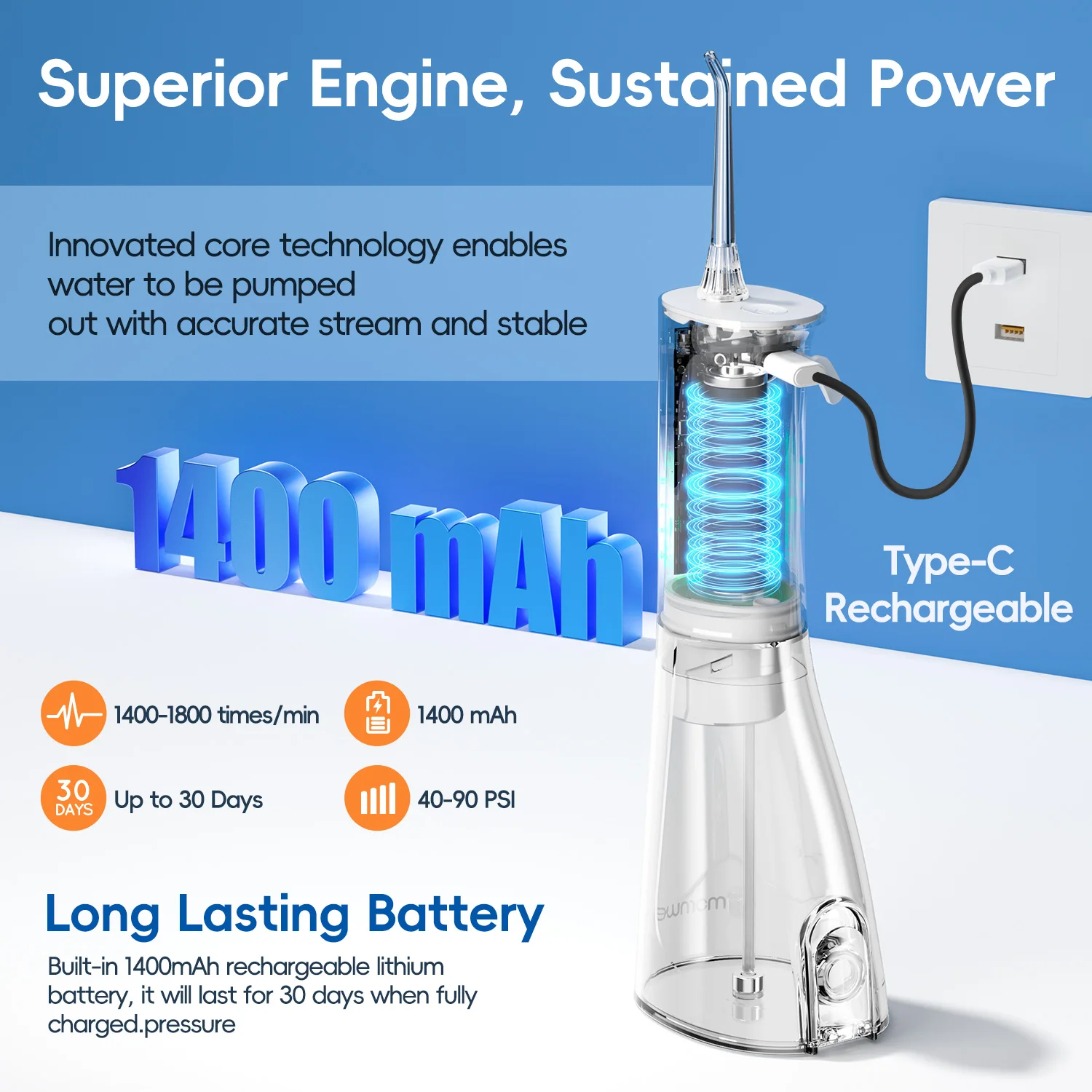 Elektrische Wasserflosser, wiederaufladbare Wasserflosser für Zähne, saubere, wasserdichte Flosser, tragbare Munddusche, 300 ml, für Zuhause und Reisen