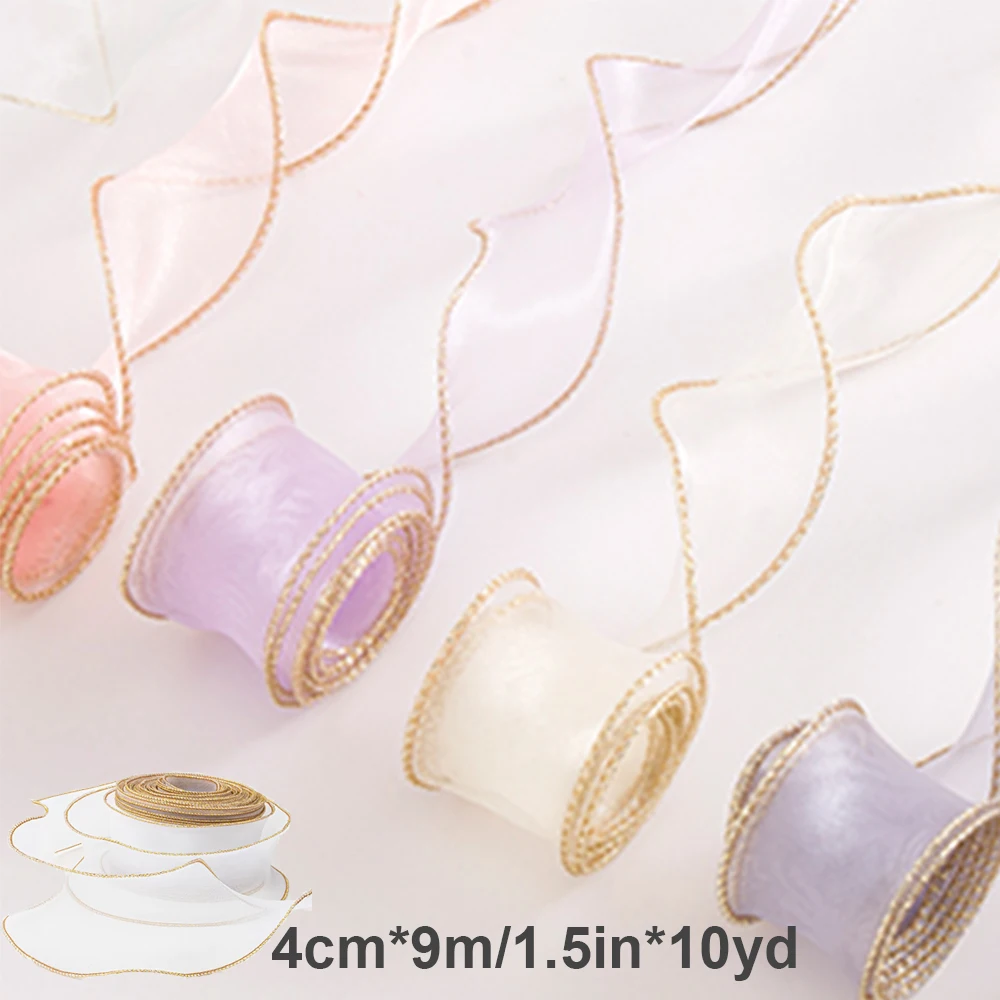 10Yards Sheer Wired Organza Ribbon With Golden Edge Chiffon Ribbon for Wedding Birthday Gift Bouquet Wrapping DIY Decorations