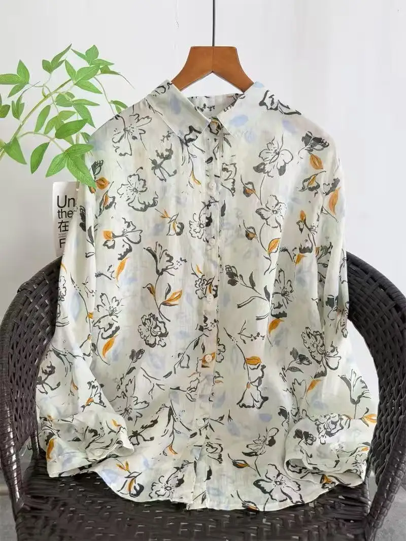 Ropa Vintage 2026, Camisas 100% Ramio para Mujer, Primavera-Otoño, Blusas Originales con Estampado Floral Blanco, Mangas Largas, Estilo Boho