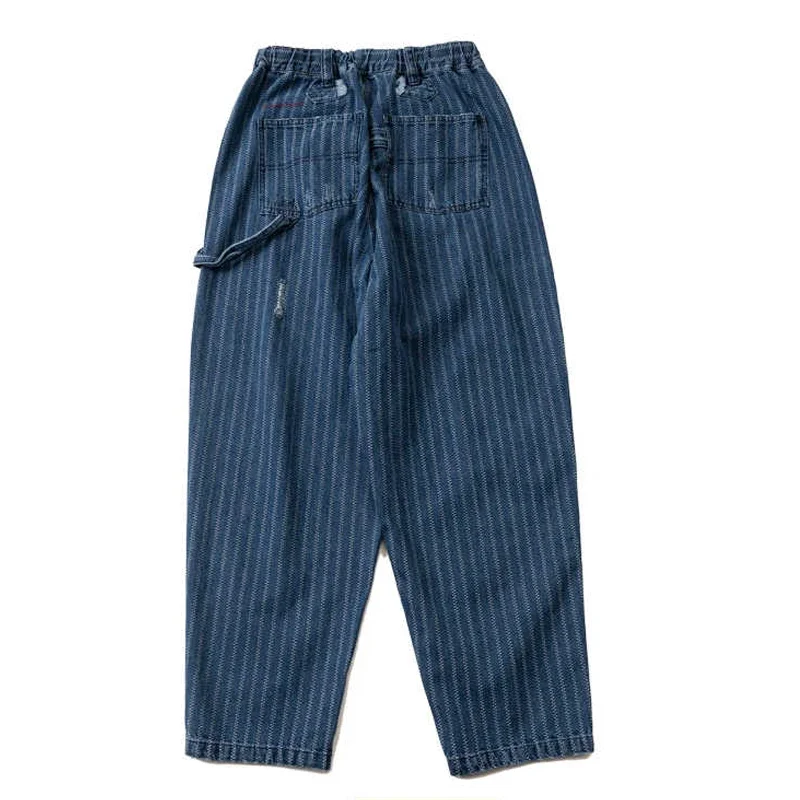 

American Retro Spring and Summer Amikaji Vertical Stripe Washed Loose Fit Jeans for Men and Women Straight Leg Pants
