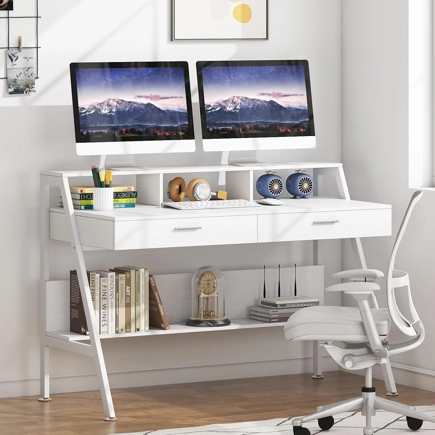 LITTLE TREE Computer Desk with Storage Shelf, 47Inch Modern Office Writing Study Table with Monitor Stand Riser for Home Office