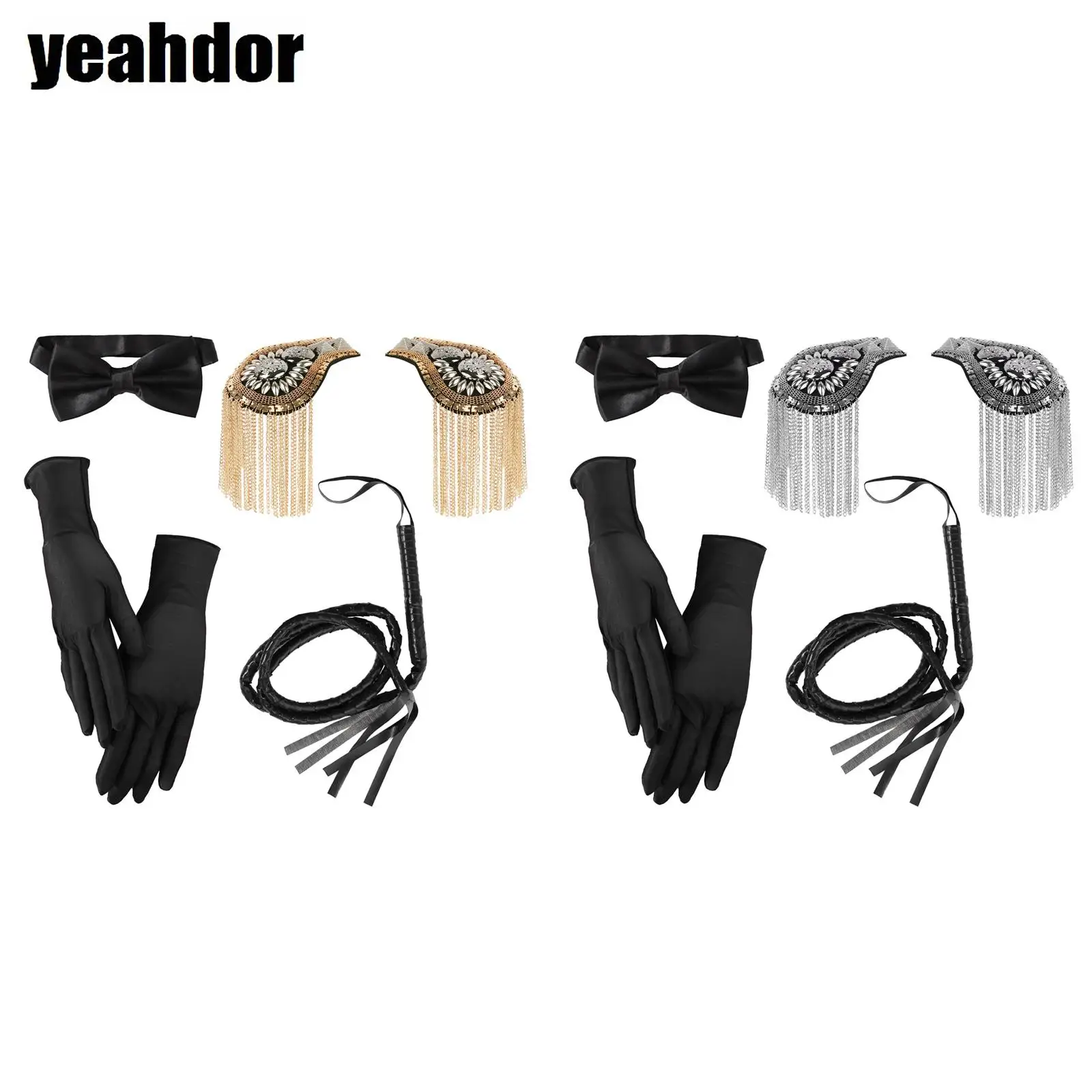 

Role Play Costume Props 2Pcs Chain Tassel Shoulder Boards Faux Leather Whip Gloves And Pre-tied Bowtie for Halloween Nightclub