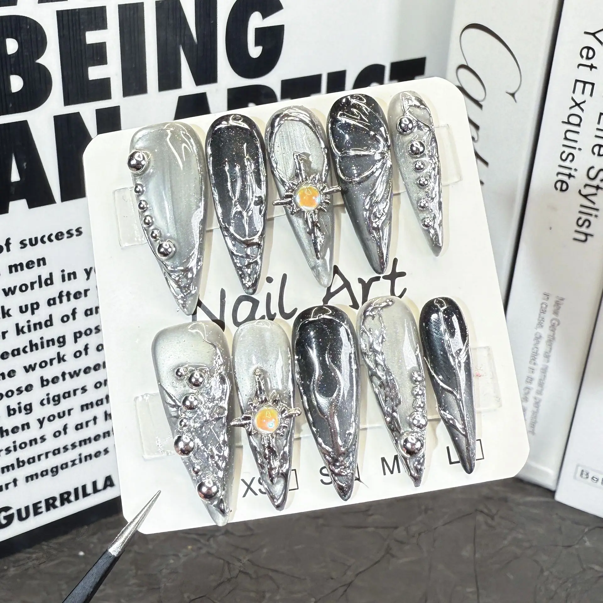 10 pçs olho de gato amêndoa imprensa artesanal em unhas unhas falsas com design de strass wearable unhas stick-on unhas falsas uñas postizas