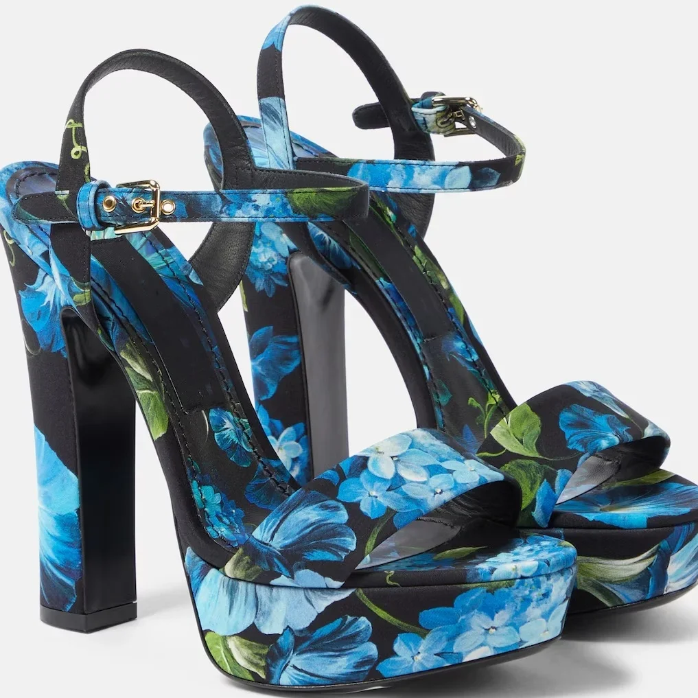 

2024 Summer Floral Satin Platform Sandals In Multicoloured Square Open Toe Ankle Buckle Strap Women Luxury Shoes
