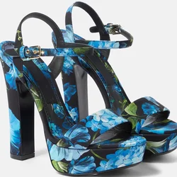 2024 Summer Floral Satin Platform Sandals In Multicoloured Square Open Toe Ankle Buckle Strap Women Luxury Shoes