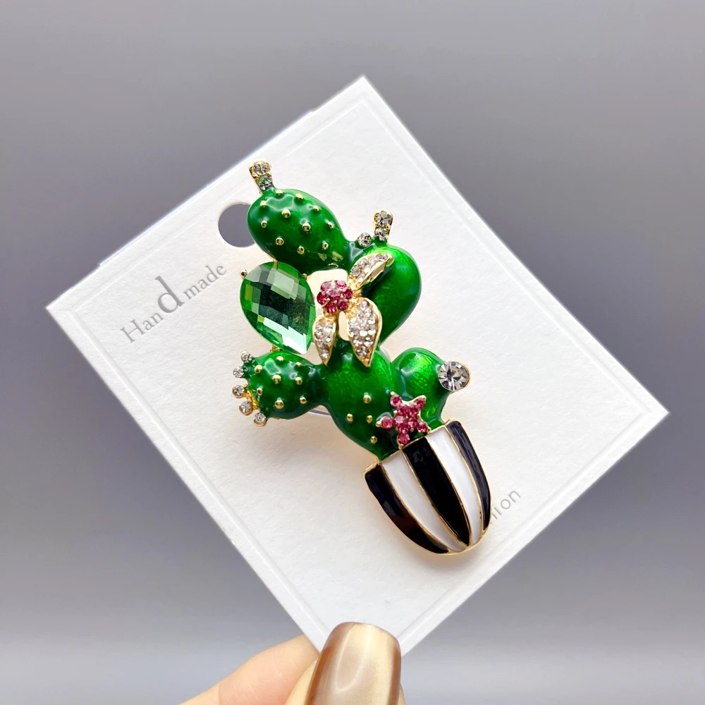 Lovely Enamel Cactus Flower Brooches For Lady Women Rhinestone Pot-Plants Clothes Pins Badge Accessories