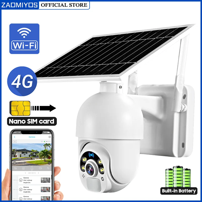 4G SIM Card IP CCTV Camera PTZ Rechargeable Battery Solar Outdoor 1080P WiFi Home Security Camera PIR Alarm Color Night Vision