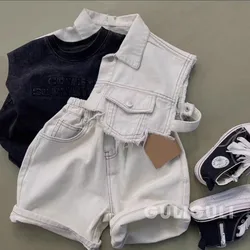 Boys Summer Jeans Set Fashion Short Tank Top+Shorts Two Piece Set 2024 New Boys Sports Star Jeans Set Kids Outfits