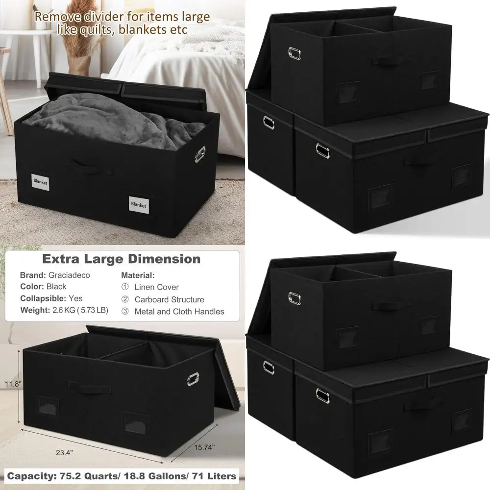 

Extra Large 75-Quart Collapsible Storage Bins with Lids, 3-Pack Black, Stackable Decorative Boxes for Storage