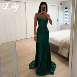 Lily Green Chic Woman Evening Dress Gown Mermaid Sexy Split Sweetheart Beaded Night Dress Gown with Pleats Satin robes de soirée