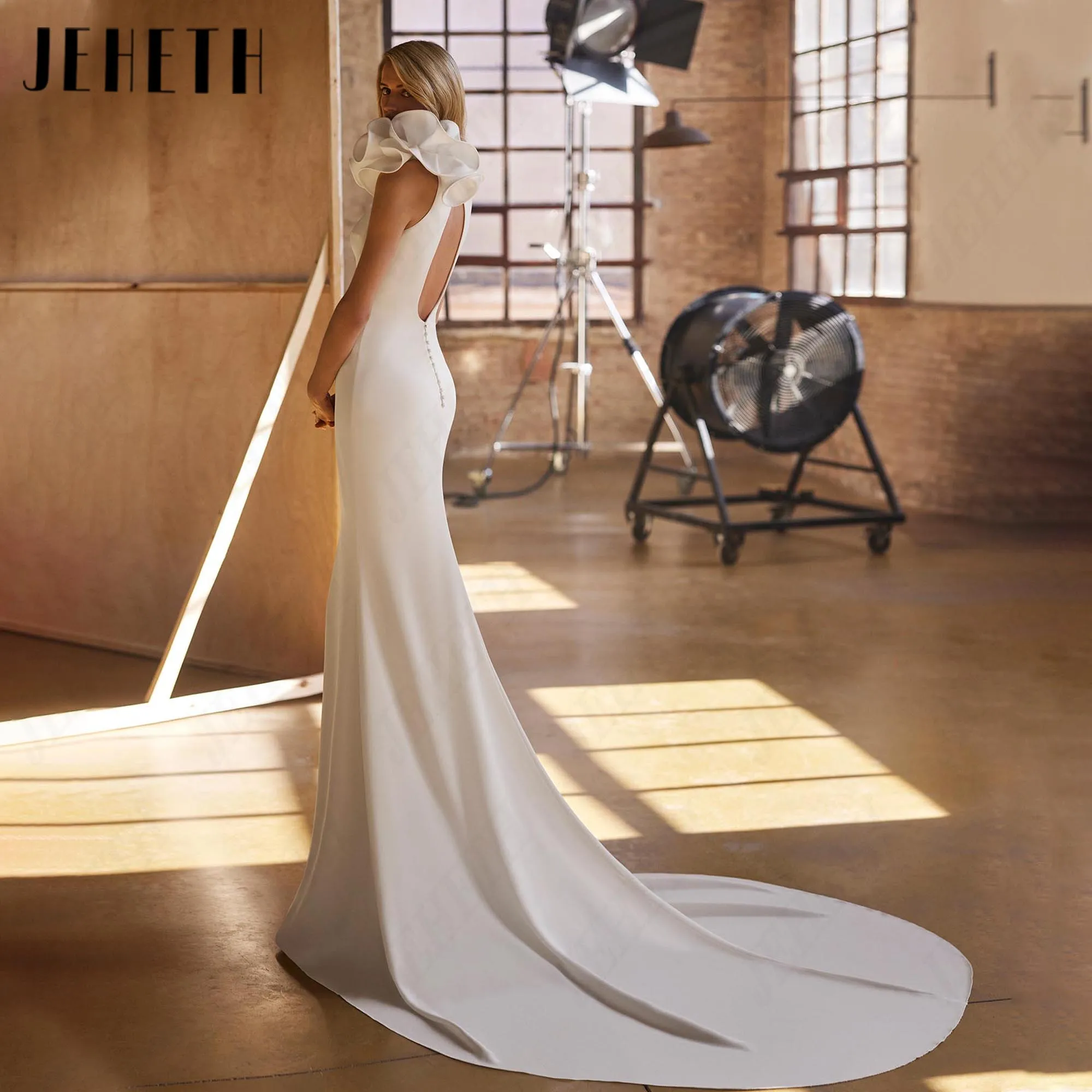 JEHETH Elegant Mermaid Soft Satin Bridal Dresses 2026 Sleeveless High Neck Wedding Dresses Backless With Jacket Customized
