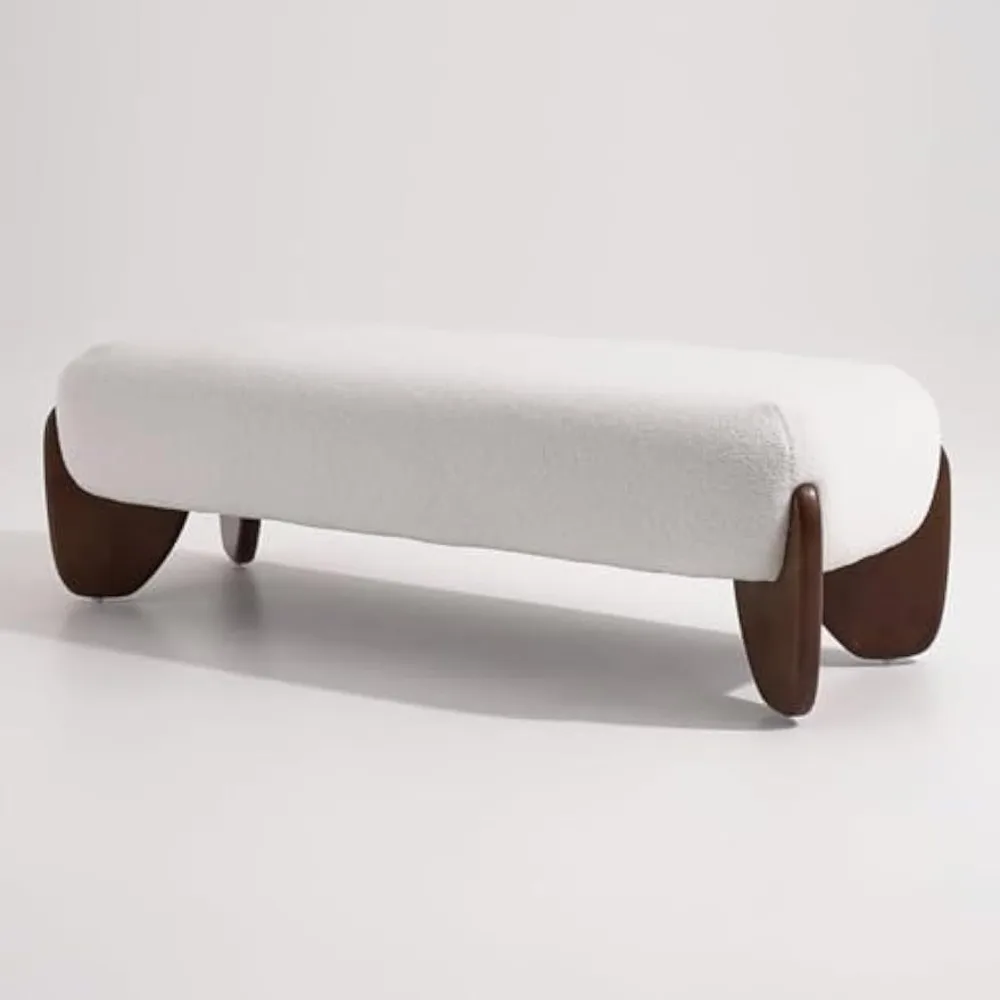 Curva Boucle Upholstered Bedroom Bench – 57” Modern White Upholstered Bench with Solid Rubber Wood Legs, Backless End of Bed