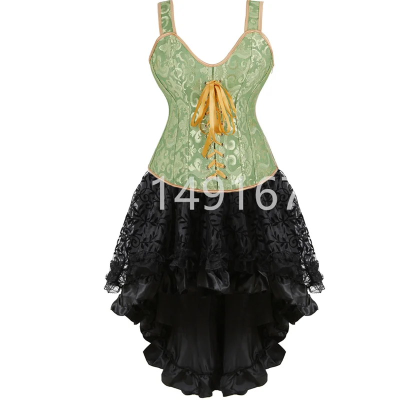 

Sapubonva Blue Corset Dress Top Skirt Set Plus Size Bustier Victorian Lace up Lingerie for Women Burlesque Gothic Style Korsett