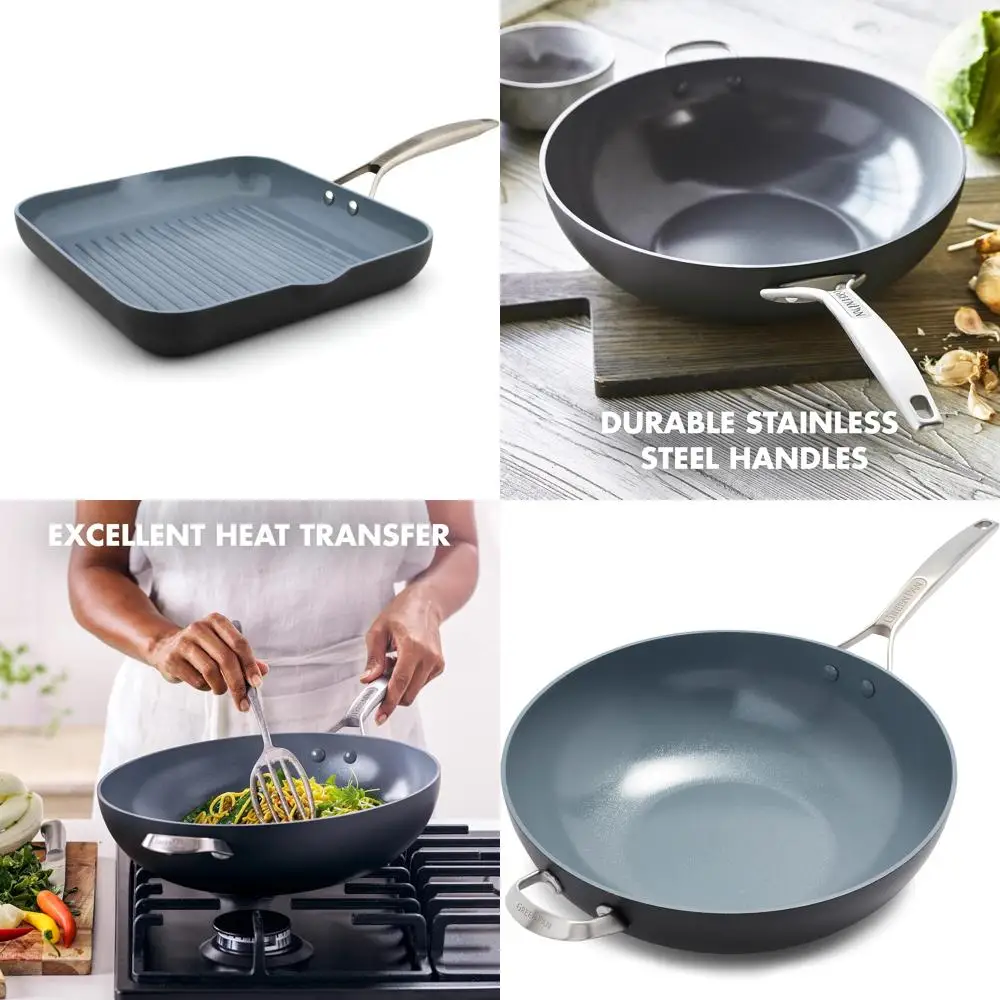 

Сковорода-гриль с квадратным керамическим антипригарным покрытием Eleven Inch, Healthy Paris Pro, анодированная, без PFAS, можно мыть в посудомоечной машине, серая