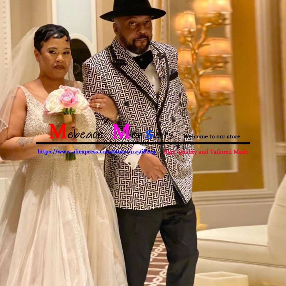 

White Labyrinth Groom Tuxedos Double Breasted Mens Suit Slim Fit Men Wedding Suit 2 Pieces Blazers Pants Fato Casamento Homem