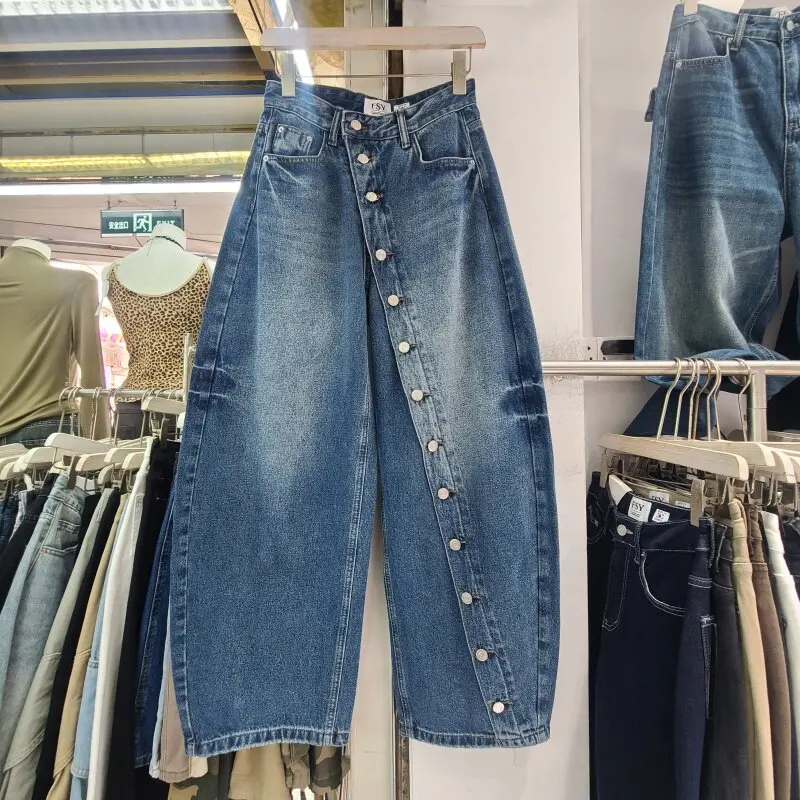 SuperAen Button Slanting Design 2026 Autumn New Korean Style Vintage Washed Denim High Waist Full Length Women's Jeans