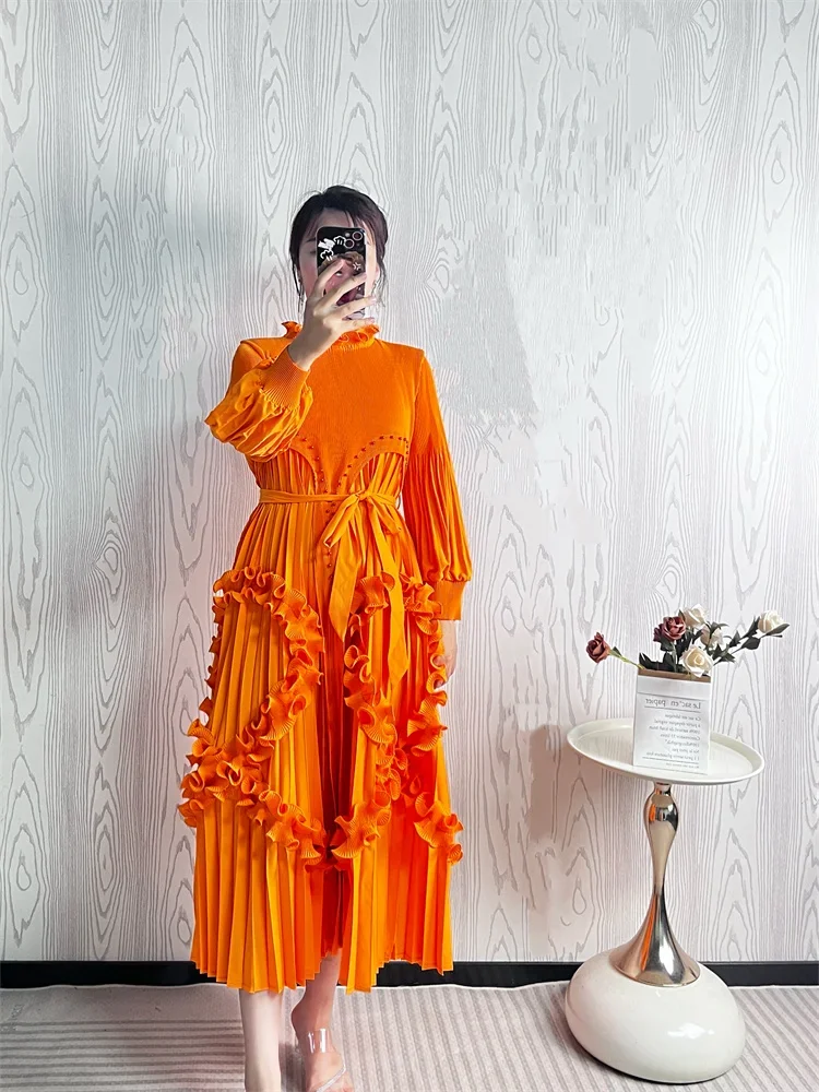 

Miyake Elegant Women Pleated Dress O Neck 3D Floral Long Sleeves Fungus Spliced Design A-line Dresses Fashion Party New