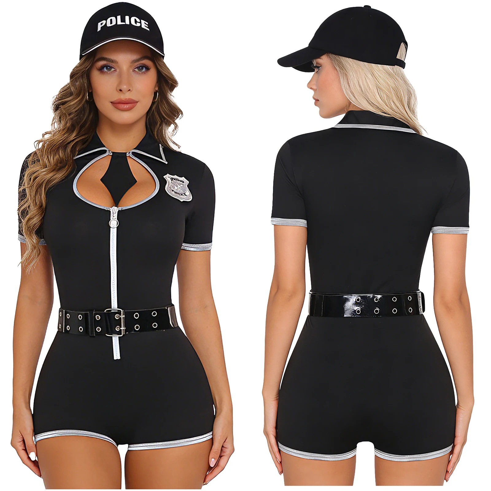 

Women Carnival Police Cops Officer Cosplay Bodysuits with Necktie Boylegs Bodysuit with Hat And Belt Police Party Role Play Sets