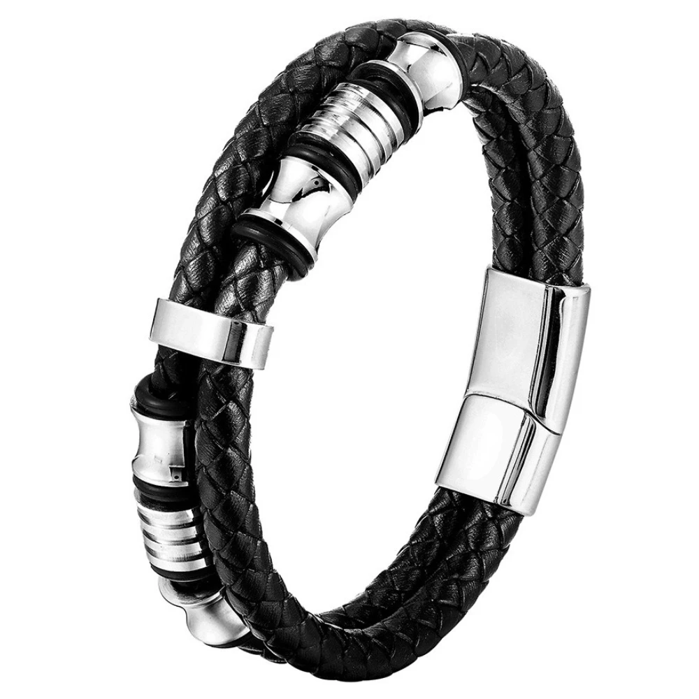 Doppelschichtige schwarze echtes Leder gewebte Armbänder Edelstahl Männer personalisierte High-End-Armreifen Modeschmuck – Detail 3