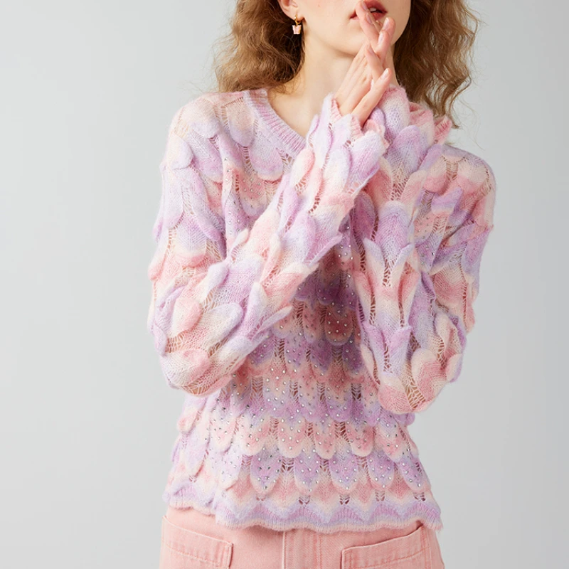 Suéter de punto con diseño de nicho de Jacquard para mujer, jersey de manga larga acampanado, arcoíris de Mohair, colorido, adornado con diamantes, nuevo, otoño