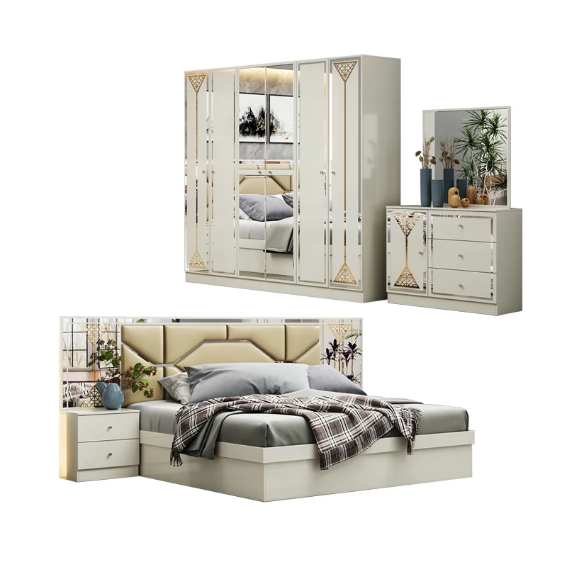 

Full Wood Frame Double King Bed Set Mirror Headboard Modern Household Wood MDF