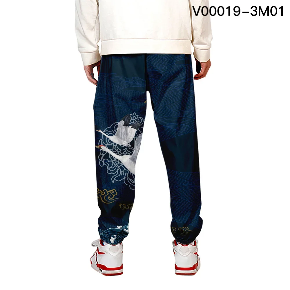 Hip Hop  Crane Print Fashion Sweatpants Men Multi Pocket Harajuku Jogger Trousers Japanese Streetwear Pants K20