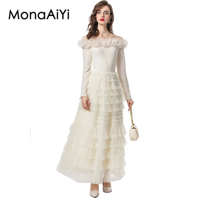 

MonaAiYi Fashion Summer Ball Gown dress Women's Slash Neck Long sleeved Tiered Ruffles Streetwear Mixi Dresses