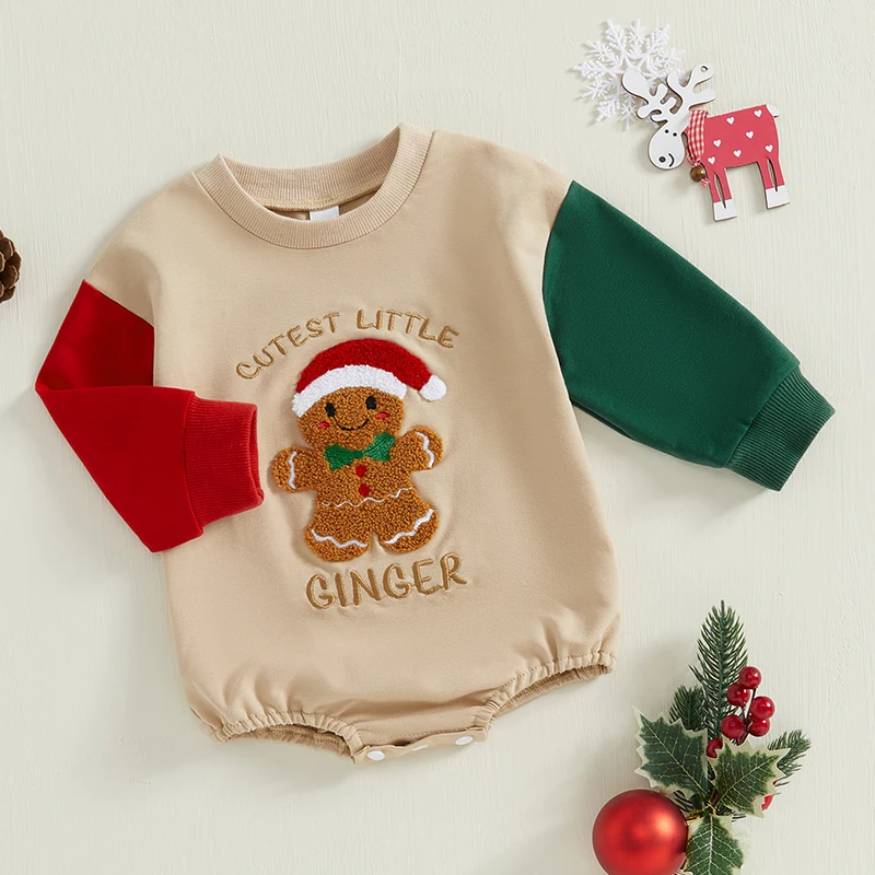 Baby Christmas Sweatshirt Romper Casual Gingerbread Letter Embroidery Long Sleeve Jumpsuit for Newborn Cute Clothes