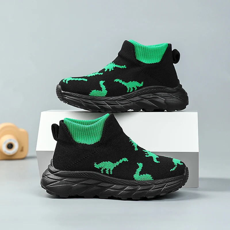 Kids Dinosaur Design Sneakers Lightweight Knit Slip on Shoes Non Slip Soft Children Walking Shoes for Toddlers and Little Boys